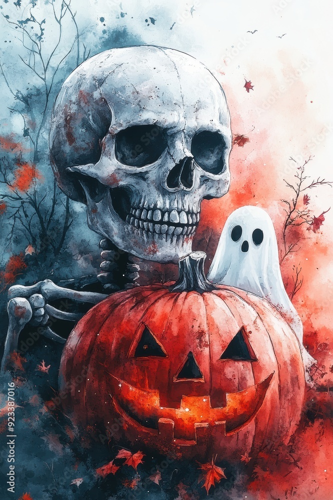 Skeleton Dancing with Pumpkin and Ghost Skeleton Dancing with Pumpkin and Ghost