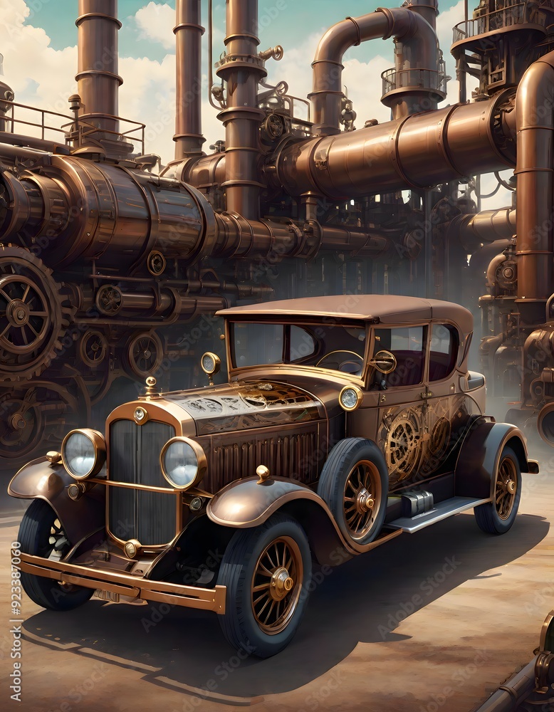 Fototapeta premium Vintage car with a steampunk design, featuring brass and copper elements, set in an industrial environment with large machinery in the background, Generative AI.