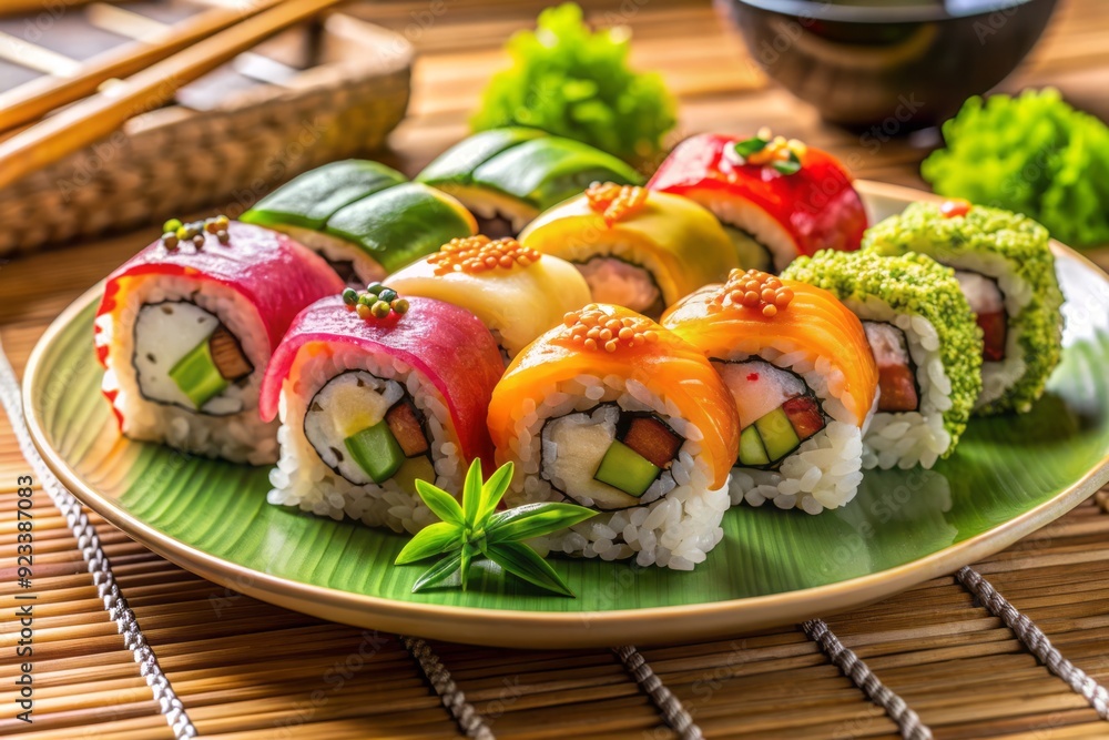 Vibrant plate of assorted sushi rolls garnished with generous dollops of wasabi, pickled ginger, and sesame seeds, set against a subtle bamboo background. Vibrant plate of assorted sushi rolls garnished with generous dollops of wasabi, pickled ginger, and sesame seeds, set against a subtle bamboo background.