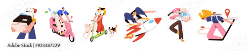 Online delivery service set. Courier delivers parcels by scooter, moped. Mailman carries letters, post envelopes. Deliveryman with boxes. Logistic concept. Flat isolated vector illustrations on white