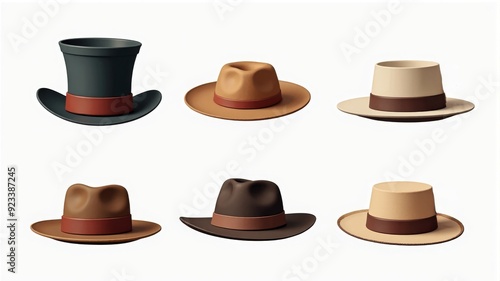 Diverse Collection of Stylish Hats with Red Bands - Illustration of Vintage Hats on White Background