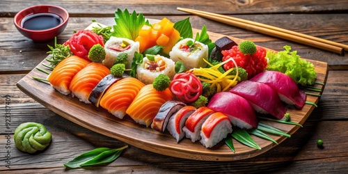 Vibrant raw fish and crisp vegetables wrapped in seaweed, neatly placed on a rustic wooden board, awaiting a delightful sushi experience at an Asian-style dinner. photo