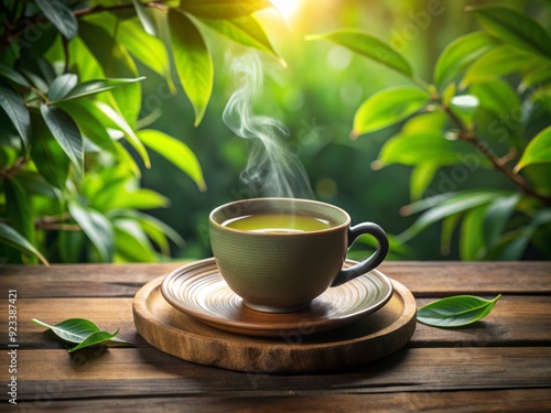 Freshly brewed green tea in a delicate ceramic cup on a wooden table surrounded by lush green leaves and steaming hot water.