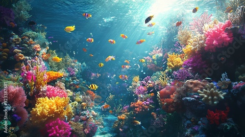 A colorful coral reef with many fish swimming around