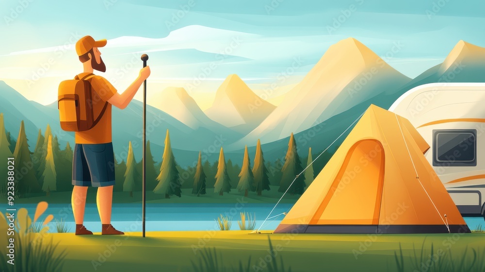 An illustration of a hiker with a walking stick standing by a tent and RV next to a tranquil lake surrounded by mountains, conveying a sense of adventure and peacefulness in nature. An illustration of a hiker with a walking stick standing by a tent and RV next to a tranquil lake surrounded by mountains, conveying a sense of adventure and peacefulness in nature.