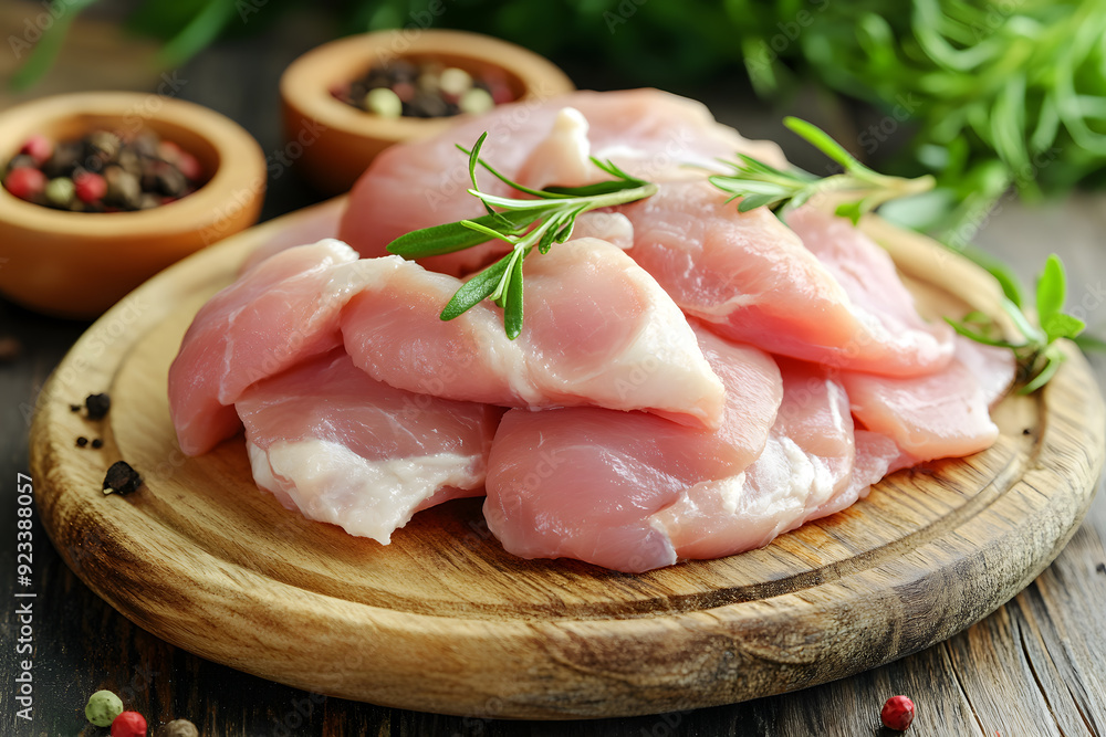 Raw chicken meat cutting on a wooden board commercial advertising photo Raw chicken meat cutting on a wooden board commercial advertising photo
