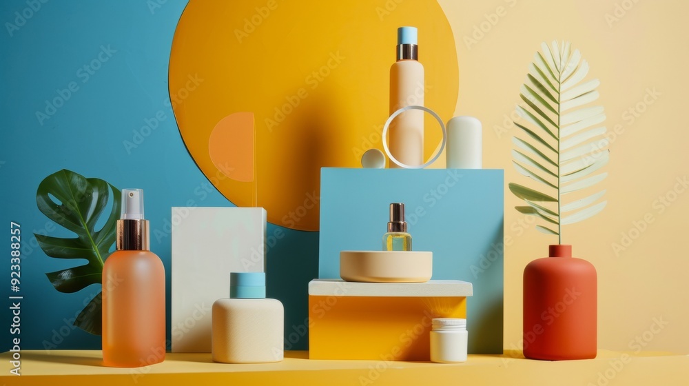 Stylish cosmetic product display on vibrant geometric background Stylish cosmetic product display on vibrant geometric background