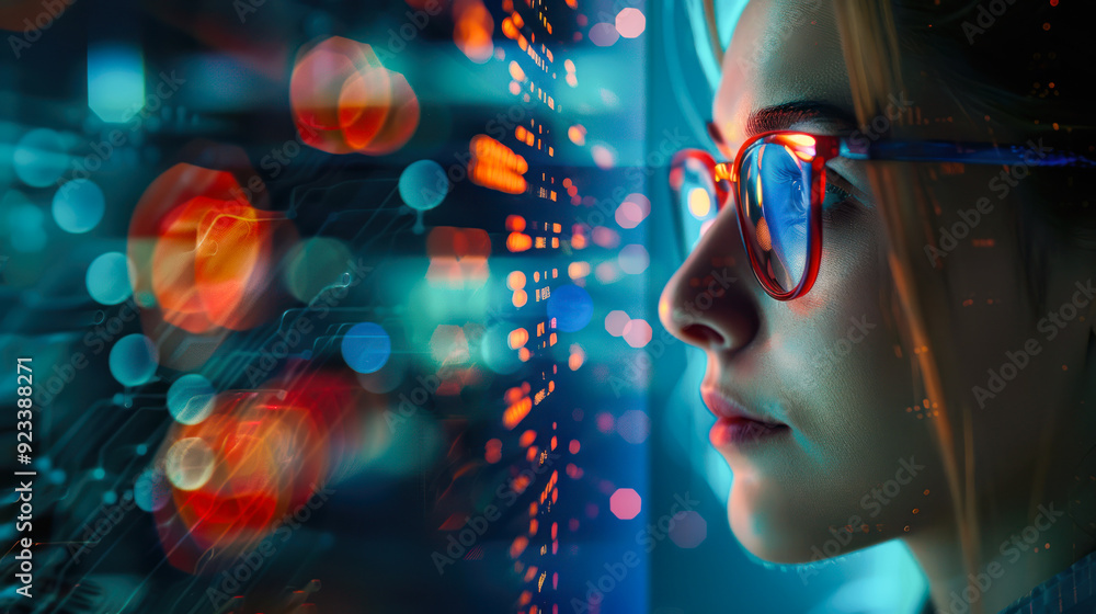 A woman in glasses examining digital interfaces with data overlaying her face. UX coding, big data analytics, artificial intelligence, technology, and innovation in high-tech environment. Close up A woman in glasses examining digital interfaces with data overlaying her face. UX coding, big data analytics, artificial intelligence, technology, and innovation in high-tech environment. Close up