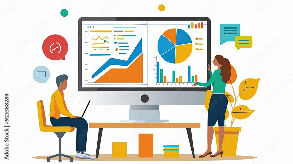 Marketing trends analysis, staying updated with industry changes, flat design illustration Marketing trends analysis, staying updated with industry changes, flat design illustration