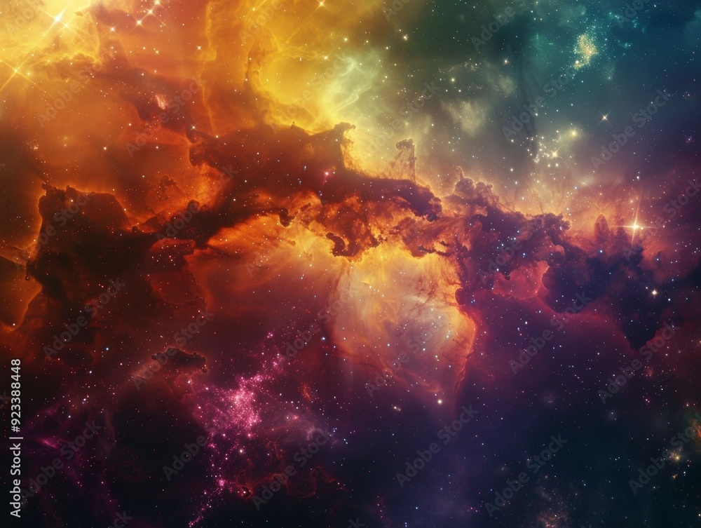 Fototapeta premium Vivid nebula with swirling colors in deep space, surrounded by stars and cosmic dust