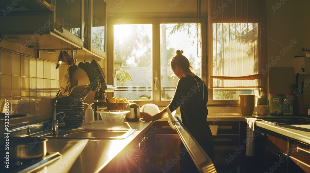 A woman washing dishes in a sunlit kitchen, bathed in warm golden light, creating a serene and reflective domestic scene filled with tranquility and routine. A woman washing dishes in a sunlit kitchen, bathed in warm golden light, creating a serene and reflective domestic scene filled with tranquility and routine.