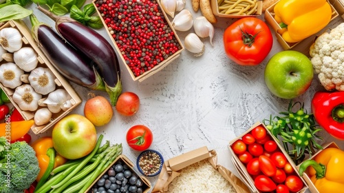 Assorted fresh vegetables and fruits arranged in a flat lay style