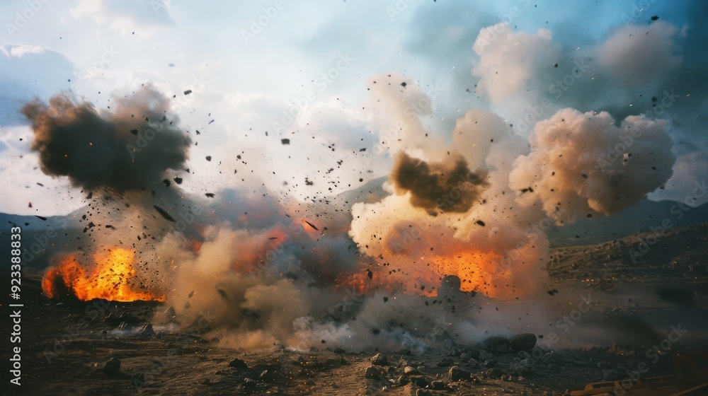 Fototapeta premium A dramatic scene of multiple explosions, smoke, and debris clouding a mountainous landscape.