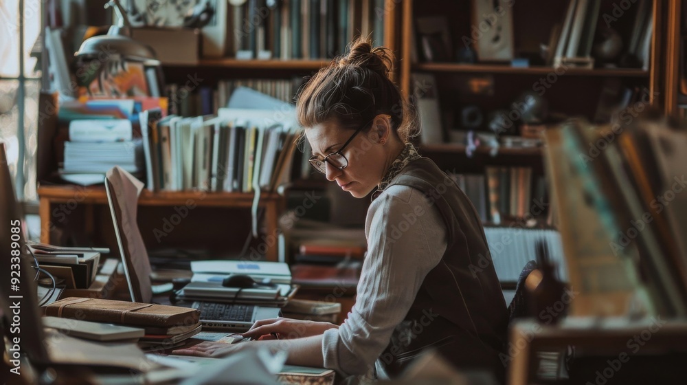 A focused woman working meticulously at a cluttered desk in a cozy, book-filled study, creating an atmosphere of intellectual dedication and pursuit. A focused woman working meticulously at a cluttered desk in a cozy, book-filled study, creating an atmosphere of intellectual dedication and pursuit.