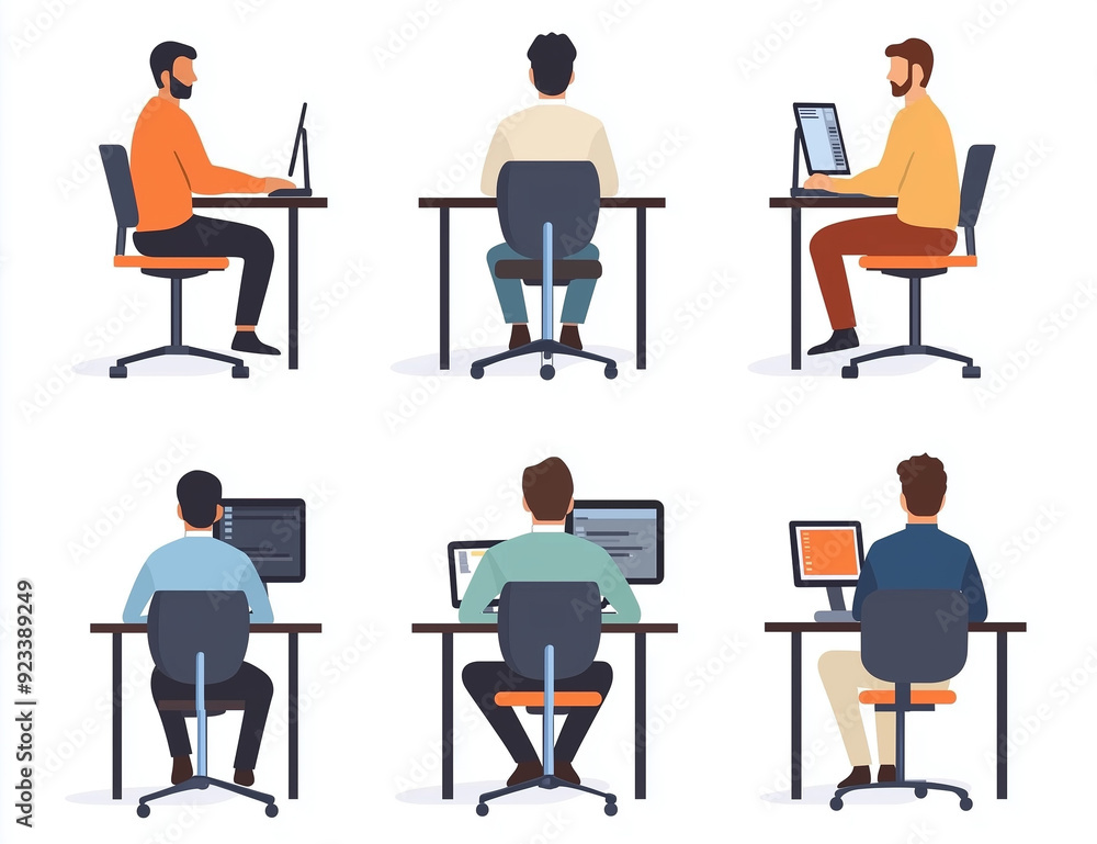 Set of professional men sitting at desk working on computer isolated on transparent background Set of professional men sitting at desk working on computer isolated on transparent background