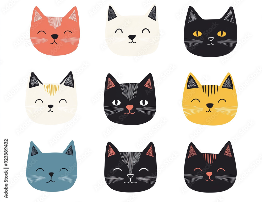 Set of cats heads isolated on transparent background