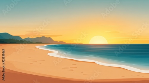 This image presents a coastal sunset scene with a wide-open sky and calming waves washing onto the shore, ideal for capturing the tranquility and beauty of a seaside evening.