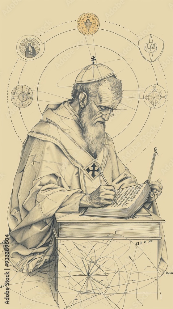 Fototapeta premium Illustration of Writing of St. Gregory the Great in Ancient Rome, Biblical Illustration, Beige Background, Copyspace
