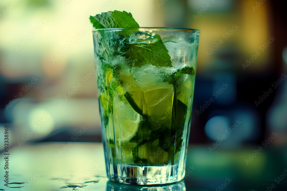 Refreshing mint cocktail mojito with rum and lime, cold drink or beverage with ice on black background Refreshing mint cocktail mojito with rum and lime, cold drink or beverage with ice on black background