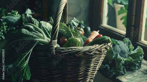A rustic basket near a window, brimful with fresh, green vegetables, capturing the essence of wholesome, natural produce in a homely setting.