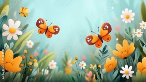 Two butterflies flutter among a vibrant array of yellow and white flowers and lush green foliage. The soft-focus background enhances the lively and colorful scene.