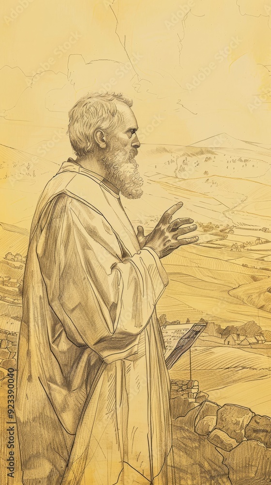 Fototapeta premium Illustration of Preaching of St. David of Wales in Welsh Countryside, Biblical Illustration, Beige Background, Copyspace