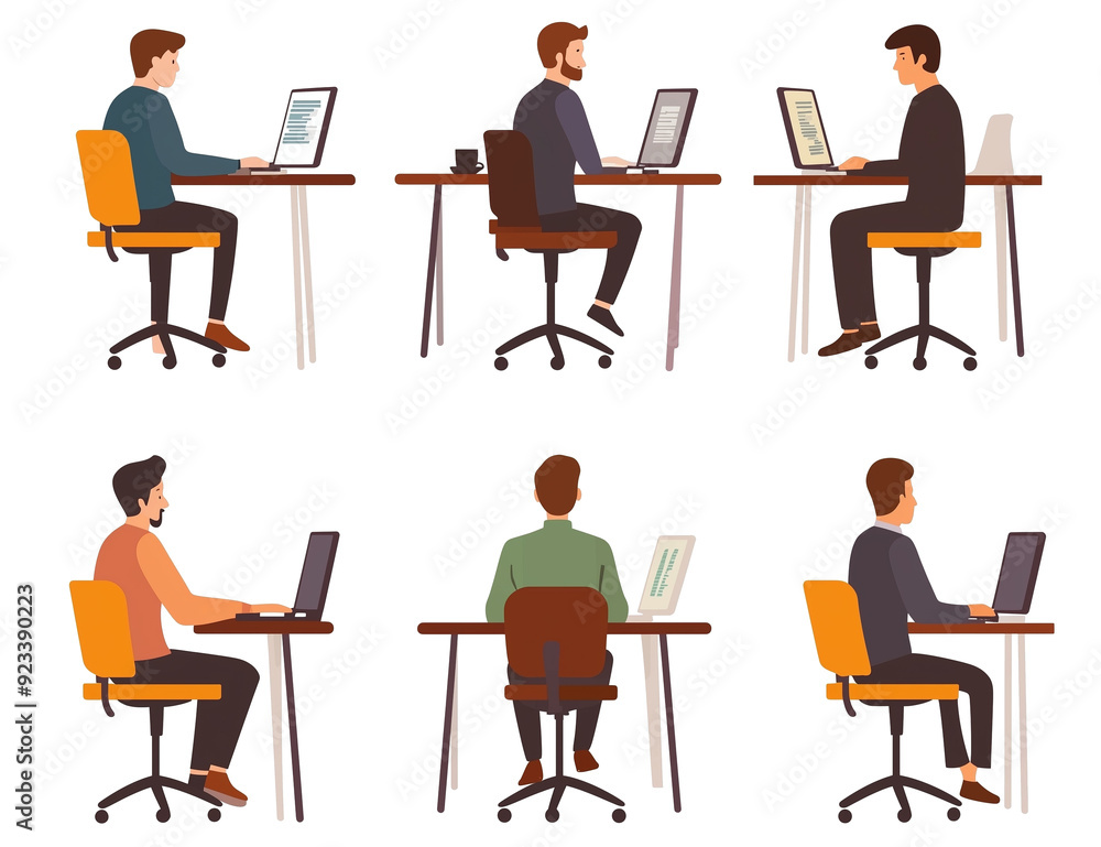 Set of professional men sitting at desks isolated on transparent background Set of professional men sitting at desks isolated on transparent background
