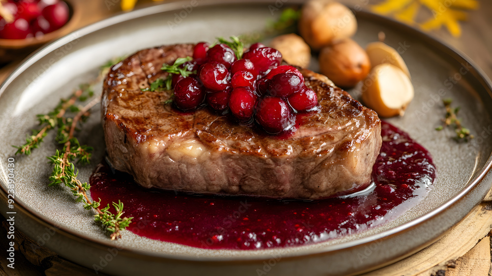 Juicy steak with cranberry sauce isolated on white Juicy steak with cranberry sauce isolated on white