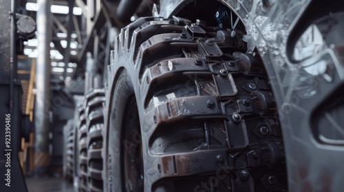 Close-up of rugged, heavy-duty tires in an industrial setting, showing detailed treads and a sturdy structure.