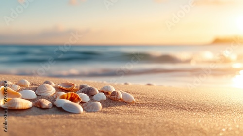 A close-up view of various seashells and pebbles on a sandy beach during sunset, with the gentle waves crashing in the background, creating a peaceful scene.