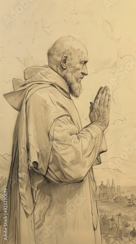 Illustration of Prayer of St. Wilfrid in 7th-Century English Monastery, Biblical Illustration, Beige Background, Copyspace photo