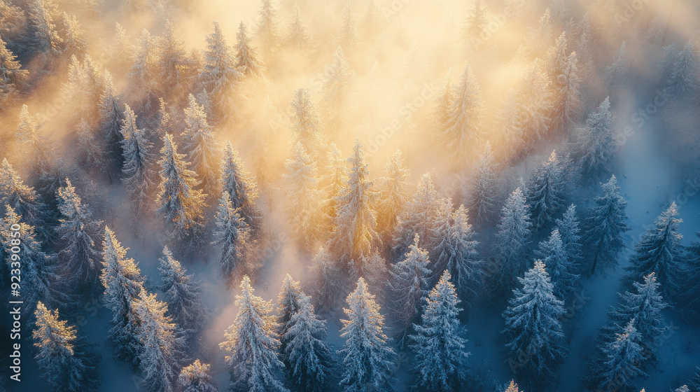 Aerial view of a snow-covered forest with tall evergreen trees dusted in white, illuminated by golden sunlight. Aerial view of a snow-covered forest with tall evergreen trees dusted in white, illuminated by golden sunlight.