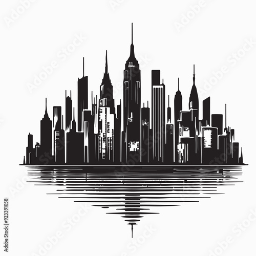 A striking black and white vector illustration of a sprawling cityscape reflected on water