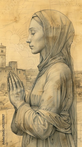 Illustration of Prayer of St. Odilia at 7th-Century French Monastery, Biblical Illustration, Beige Background, Copyspace photo