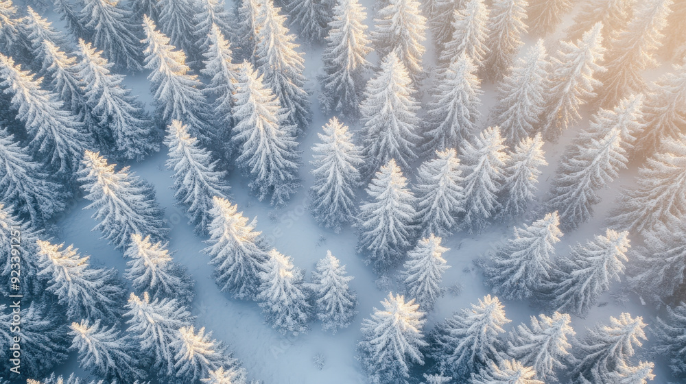 Aerial view of a snow-covered forest with tall evergreen trees dusted in white, illuminated by golden sunlight. Aerial view of a snow-covered forest with tall evergreen trees dusted in white, illuminated by golden sunlight.