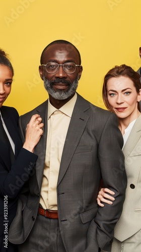 A diverse group of four professionals stands together, smiling warmly against a bright yellow background