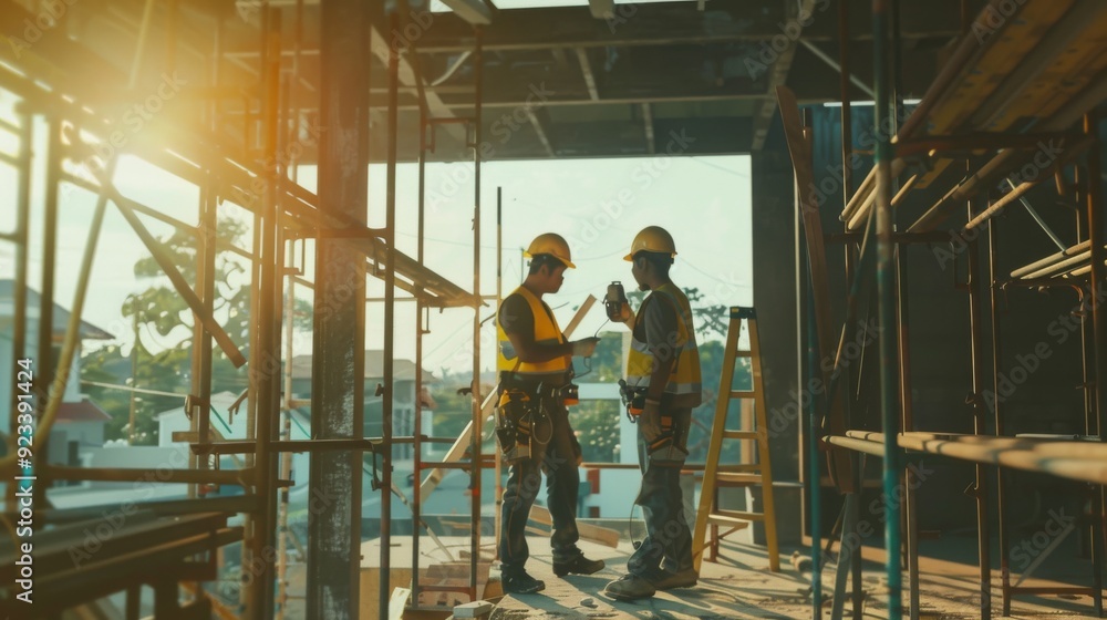Two construction workers in hard hats and reflective vests collaborate amidst steel scaffolding on a structure bathed in golden light. Two construction workers in hard hats and reflective vests collaborate amidst steel scaffolding on a structure bathed in golden light.