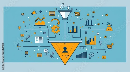 Marketing funnel, visual representation of stages, flat design illustration