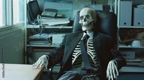 A skeleton dressed in a formal suit sitting in an office chair, blending the macabre with the mundane corporate environment.