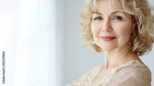 Portrait of elegant elderly woman with wavy blonde hair, smiling gently. Soft lighting and neutral background. Concept of aging gracefully and skincare