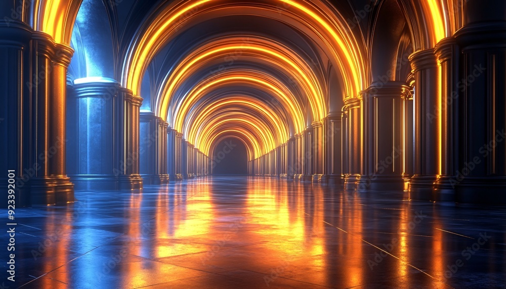 A majestic corridor with glowing arches creates a captivating atmosphere as light reflects off the polished floor, inviting exploration in a fantastical realm A majestic corridor with glowing arches creates a captivating atmosphere as light reflects off the polished floor, inviting exploration in a fantastical realm