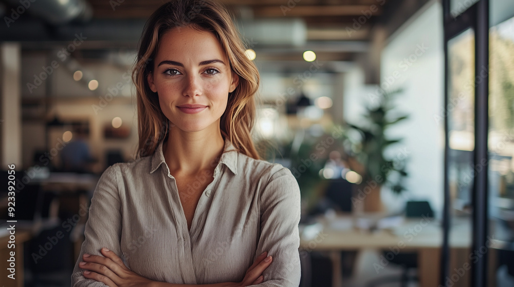 A business professional standing confidently at the center of a bustling office A business professional standing confidently at the center of a bustling office