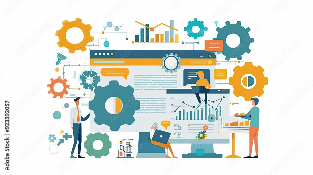 Marketing automation tools, streamlining repetitive tasks, flat design illustration Marketing automation tools, streamlining repetitive tasks, flat design illustration