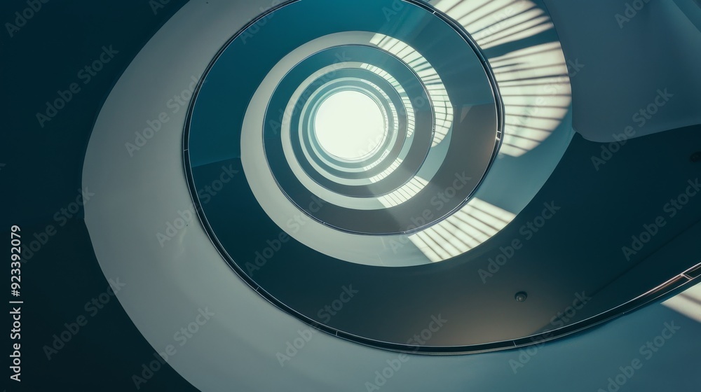 Fototapeta premium A spiraling staircase shot from below captures the architectural marvel and symmetry under soft natural light.
