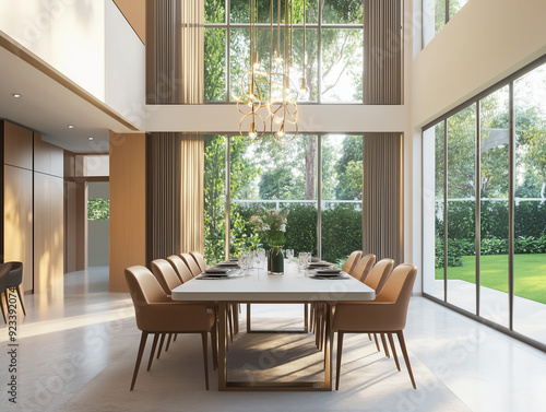 Luxury minimalist dining room, two floor high ceiling. Garden, courtyard view outside the window. Spacious dining table. 