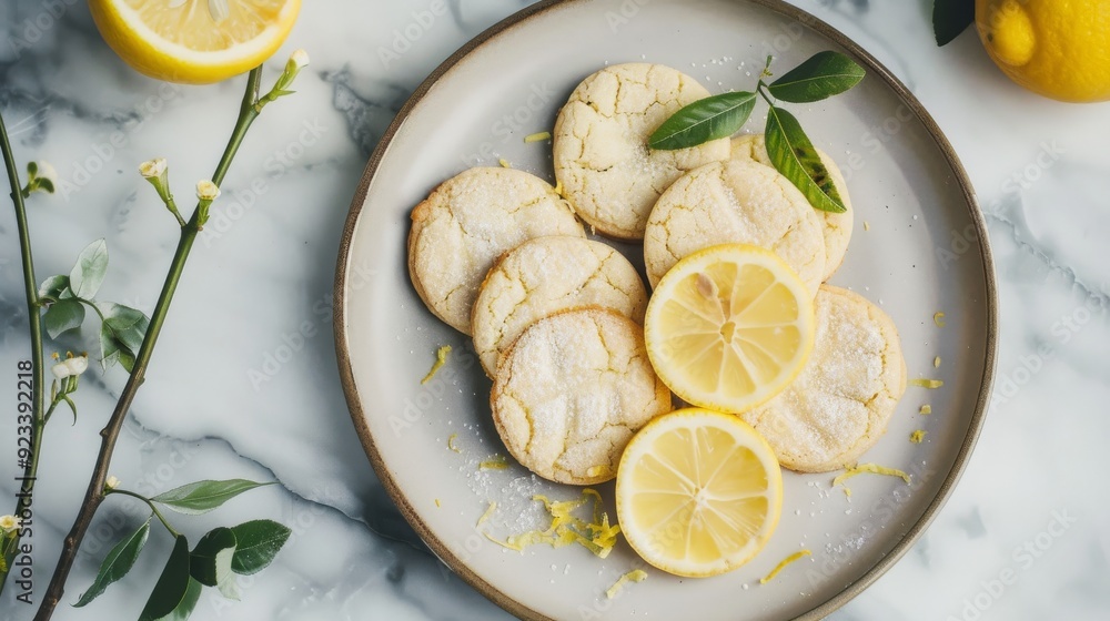 A plate of lemon-flavored cookies arranged with fresh lemon slices and leaves, creating an appetizing presentation. A plate of lemon-flavored cookies arranged with fresh lemon slices and leaves, creating an appetizing presentation.
