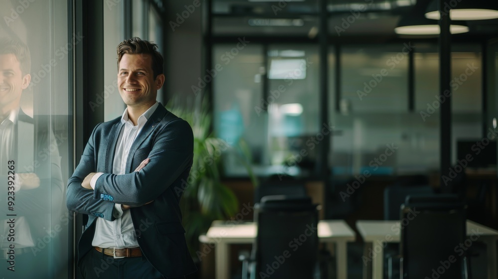 A confident business professional stands with arms crossed, gazing out a large window, reflecting optimism and success, in a modern office setting. A confident business professional stands with arms crossed, gazing out a large window, reflecting optimism and success, in a modern office setting.