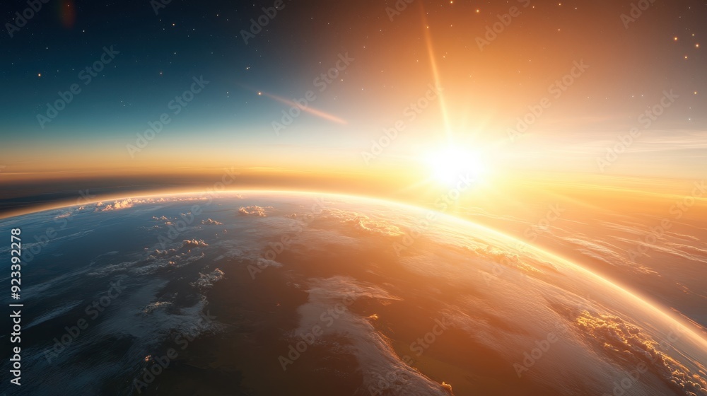 An awe-inspiring image of the sun rising over the Earth, taken from space, highlighting the celestial beauty of our planet and the splendor of dawn from a cosmic perspective. An awe-inspiring image of the sun rising over the Earth, taken from space, highlighting the celestial beauty of our planet and the splendor of dawn from a cosmic perspective.