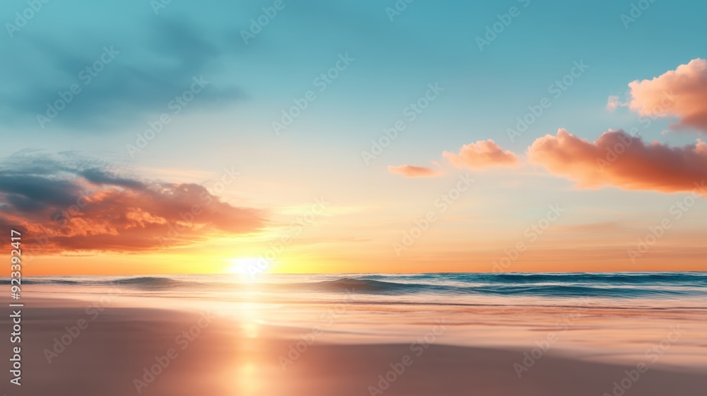 A calm seaside morning with the majestic sunrise peeking through clouds, casting a warm glow over the ocean and creating a tranquil and peaceful ambiance. A calm seaside morning with the majestic sunrise peeking through clouds, casting a warm glow over the ocean and creating a tranquil and peaceful ambiance.