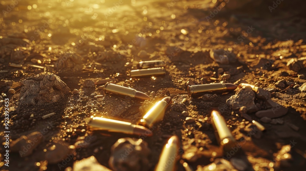 Spent bullet casings scattered across rocky terrain at sunset, evoking themes of conflict, history, and the passage of time. Spent bullet casings scattered across rocky terrain at sunset, evoking themes of conflict, history, and the passage of time.